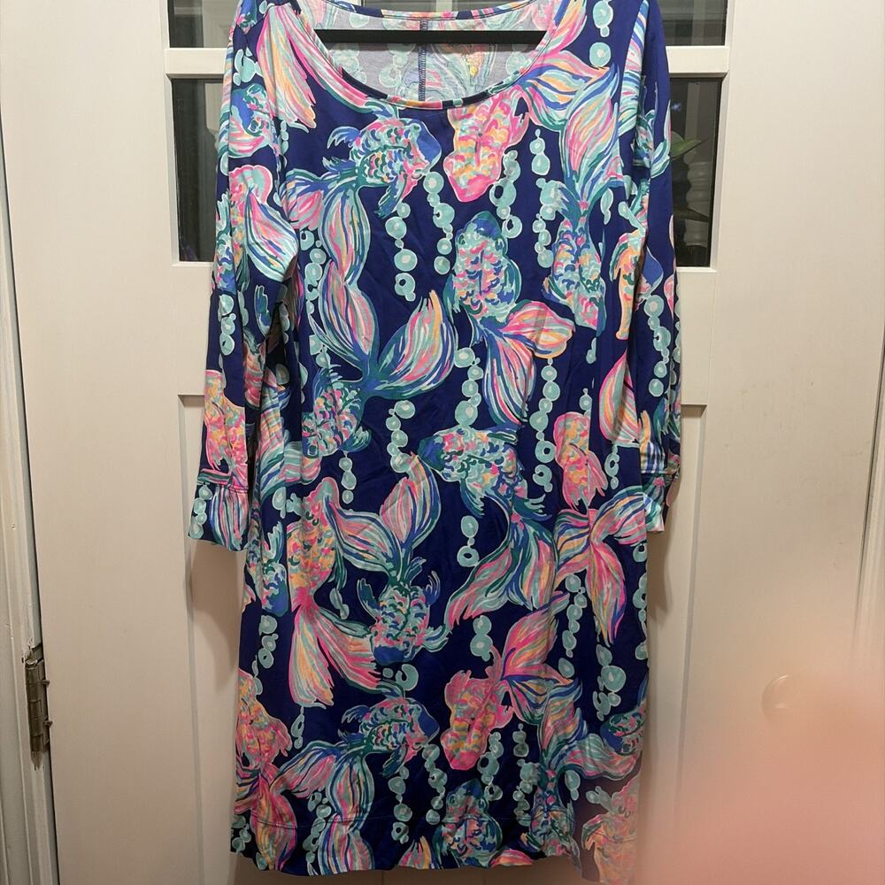 Lilly Pulitzer Marlowe Dress Going Coastal True Blue Fish Boatneck Size XL Women